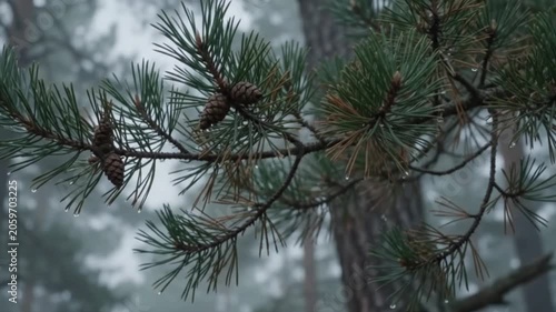Thick morning fog rolling slowly through a dense, ancient pine forest.