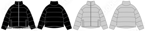 Oversized Puffer Jacket Technical Flat Sketch Front and Back View with Stand Collar