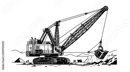 Heavy Dragline Excavator Mining Vector Illustration