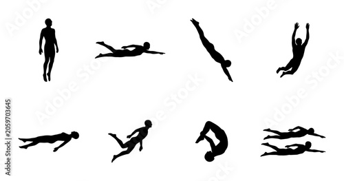 Cuadro en lienzo Silhouette Swimmers and Divers, Aquatic Sports Action Poses, Vector Set for Pool