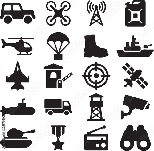 Military and Transportation Black Vector Icon Set