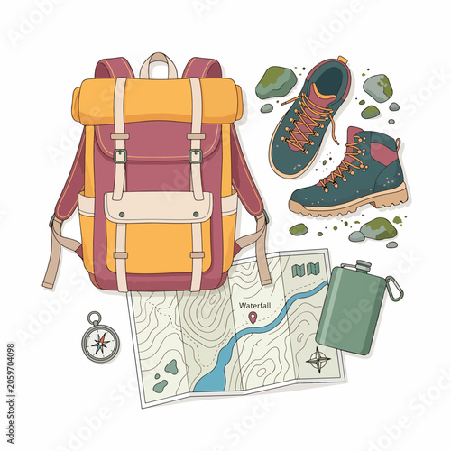 Obraz na płótnie Hiking backpack with map and gear.