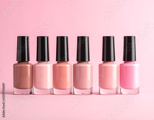 Six nail polish bottles in various pink shades