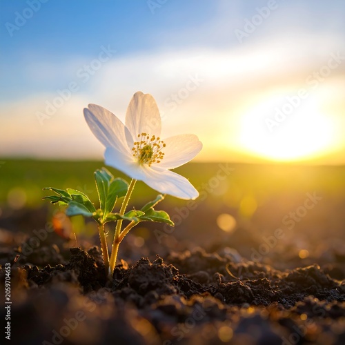 Single white flower in soil sunrise.