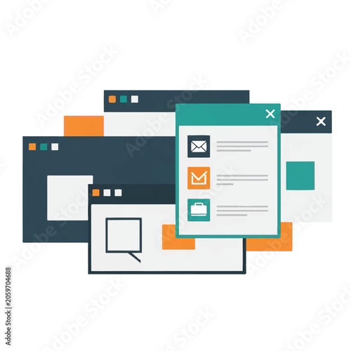 Multiple overlapping rectangular interface panels with simple geometric icon placeholders. Productivity and multitasking spatial workspace, organized and modular. minimalist flat vector artwork,