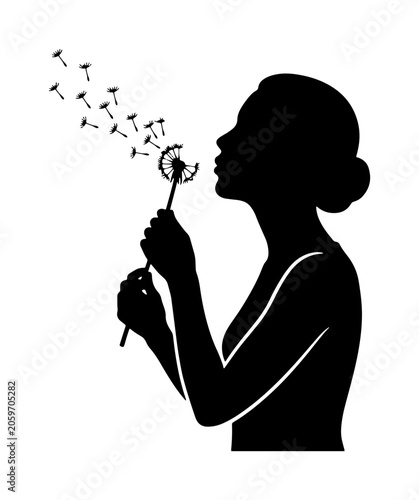 Foto Silhouette Woman Blowing Dandelion Seeds, Hopeful Dreamer, Nature Element, Vecto