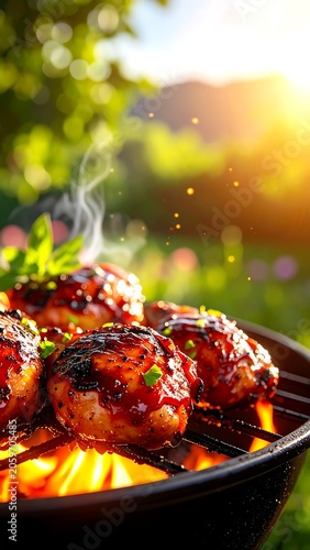 Sizzling grilled meat on a barbecue in a sunny outdoor setting