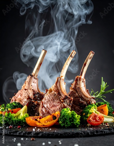 Sizzling lamb chops on a slate plate with steaming vegetables