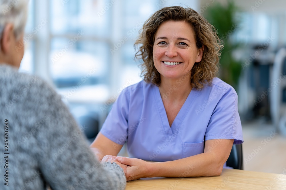 Fototapeta premium Smiling female nurse in purple scrubs holding hands with an elderly patient in a bright medical facility.