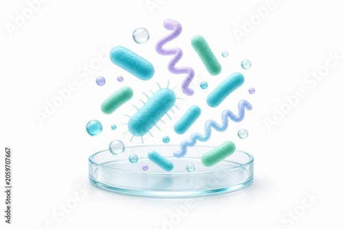 Minimal 3D bacteria and spiral microbes floating above a transparent petri dish on white background. Bacterial culture and microbiology concept.