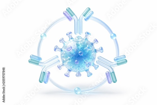 Minimal 3D generic virus surrounded by translucent antibody shapes and a protective ring on white background. Immunity and infection prevention concept.