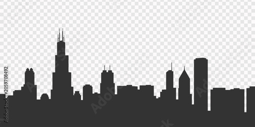 Silhouette of a city skyline likely chicago against a white background, Chicago skyline silhouette with skyscrapers and bridge in black on white background vector, Vector illustration of Chicago