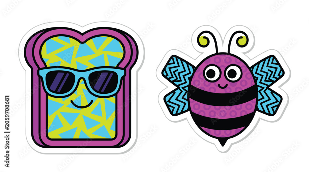 Fototapeta premium Cute toast with sunglasses and colorful bee sticker set.