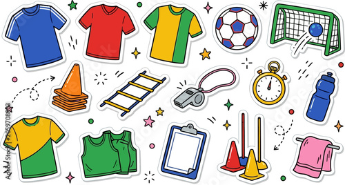Fotografie Soccer Gear and Timing hand drawn doodle set