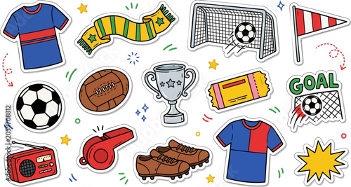 Soccer Supporter Fan Day hand drawn doodle set. Featuring jersey, scarf, trophy, mascot, and goal symbols. Colorful clipart for football fan club newsletter and matchday sticker pack.