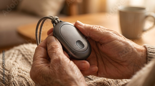 A macro close-up of a senior citizen's wrinkled hands holding a gray medical alert button or emergency call device while sitting in an armchair
