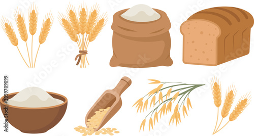 фотографія Wheat, flour, rice and bread icons set in flat vector style, clean illustration