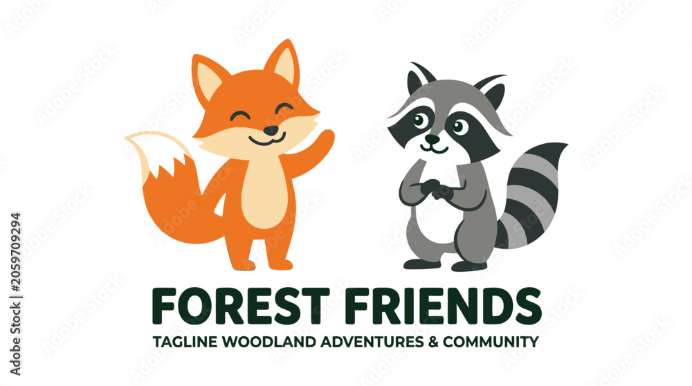 Fototapeta premium Cute fox and raccoon forest friends mascot logo.