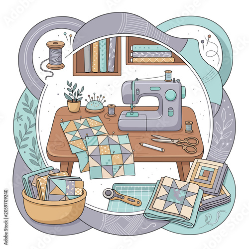 Foto sewing machine on wooden worktable with quilting projects.