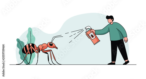 Man using a chemical spray can to exterminate a giant ant insect representing professional pest control services.