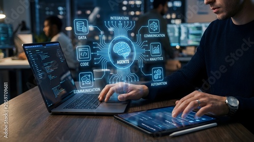 Hands typing on laptop and tablet with holographic artificial intelligence brain interface displaying interconnected data analytics and automation icons in modern office