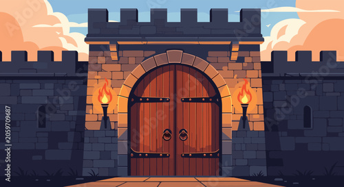 Medieval stone castle entrance featuring large wooden gates with iron hinges and flaming torches at dusk with a sunset sky.