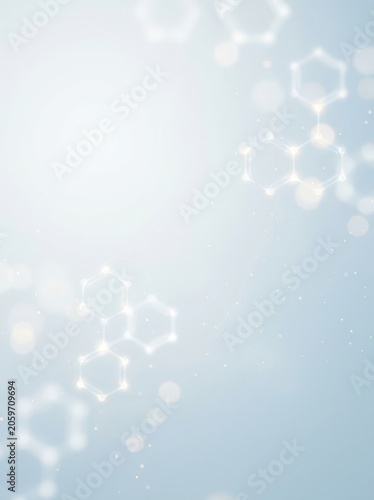 Geometric hexagonal patterns on a soft blue background with white dots, invoking scientific and futuristic themes.