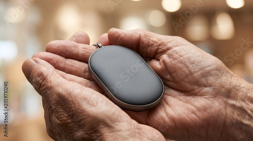 A macro close-up of a senior citizen's wrinkled hands holding a gray medical alert button or emergency call device while sitting in an armchair