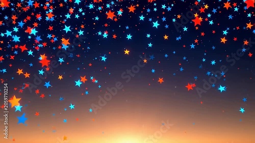 Festive falling stars background with red and blue star confetti over a bright sunset horizon