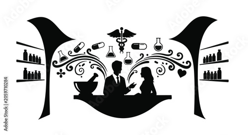 Black silhouette illustration of pharmacist and customer in pharmacy