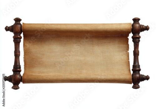 Antique Scroll with Wooden Holders on White Background.