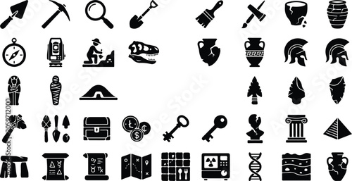 Fotografi Archeology and paleontology research equipment and discovery icons