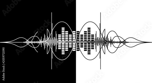 Abstract Digital Music Waveform with Spectrum Analyzer Visuals, Monochrome Design