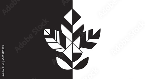 Geometric leaf design with black and white background.