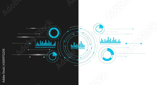 Infographic elements with blue graphs and charts on black and white background.