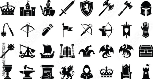 Foto Medieval fantasy kingdom and warfare silhouette icon set