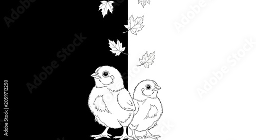 Two chicks standing under falling leaves.