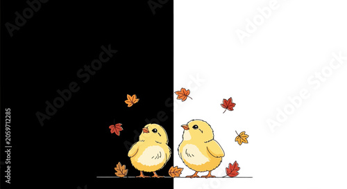 Two cartoon chicks with autumn leaves.