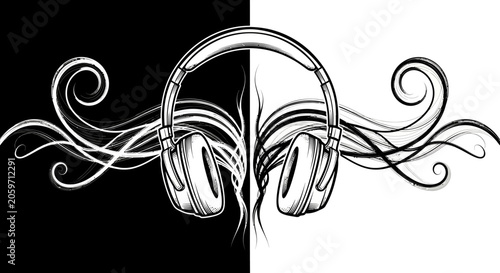 Headphones with swirling abstract design element.