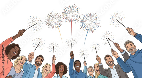 Diverse group celebrating with sparklers.