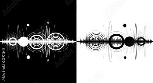 Abstract sound wave design elements with circles and lines on black and white backgrounds.