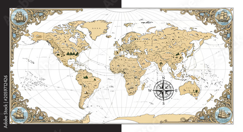 Vintage world map with decorative border.