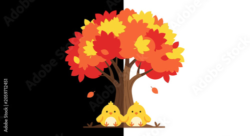 Two yellow birds under autumn tree.