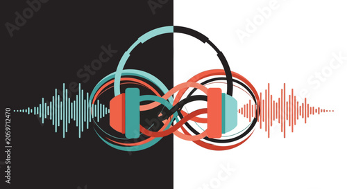 Vibrant sound wave and headphones graphic.