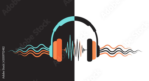 Headphones with sound waves on black and white background.