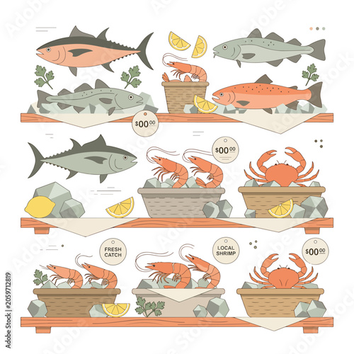 Εκτύπωση καμβά Fresh seafood on wooden market shelves.