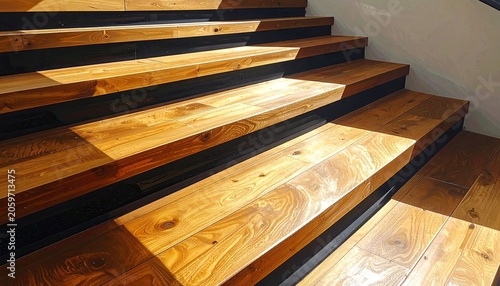 Modern Wooden Staircase with Sunlight and Shadows.