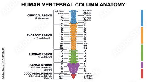 Photos Human vertebral column anatomy chart with color coded bone regions