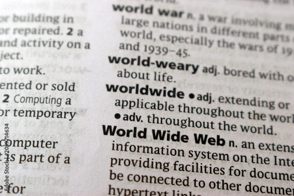 Fototapeta premium English Dictionary Page Close Up With The Word Transcription Of -worldwide