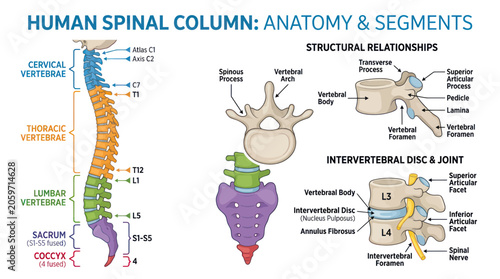 Fotografie Human spinal column anatomy showing vertebrae and segments
